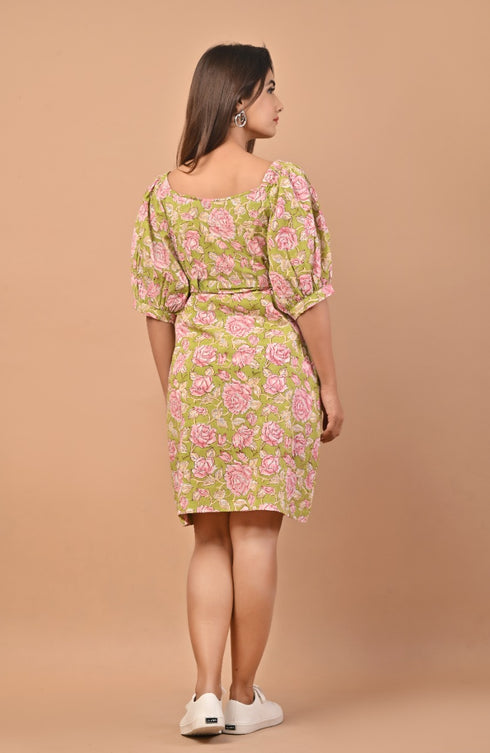 Pear Green Hand Block Print Cotton Dress (CRD07)